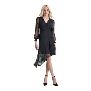 DKNY Surplice Neck Sheer Sleeve Asymmetric Midi Dress Black‎ Size 4 Chic